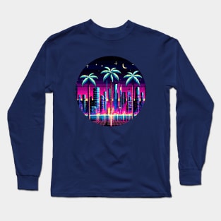 Cyber Palms - 8-Bit Neon Cityscape with Futuristic Palm Trees Long Sleeve T-Shirt